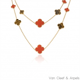 Van Cleef & Arpels Yellow Gold Carnelian & Tiger Eye Magic Alhambra 16 Motif Necklace VCARN5JO00 Van Cleef & Arpels Yellow Gold Carnelian & Tiger Eye Magic Alhambra 16 Motif Necklace VCARN5JO00